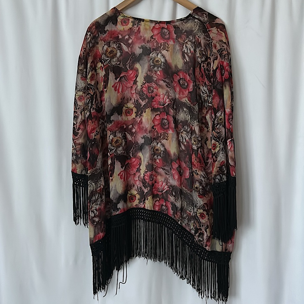 Sans Souci Beautiful Floral 3/4 Sleeve Fringed Kimono Shirt Top **Size S** 🌺🌺 - Picture 2 of 5